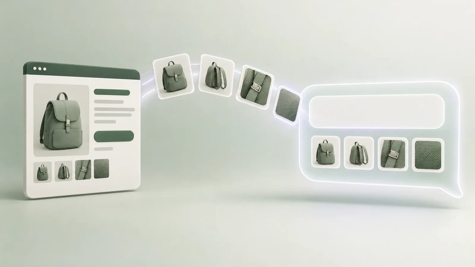 Illustration of product details lifting off a product page and travelling into an answer panel, where they line up as reference cards.