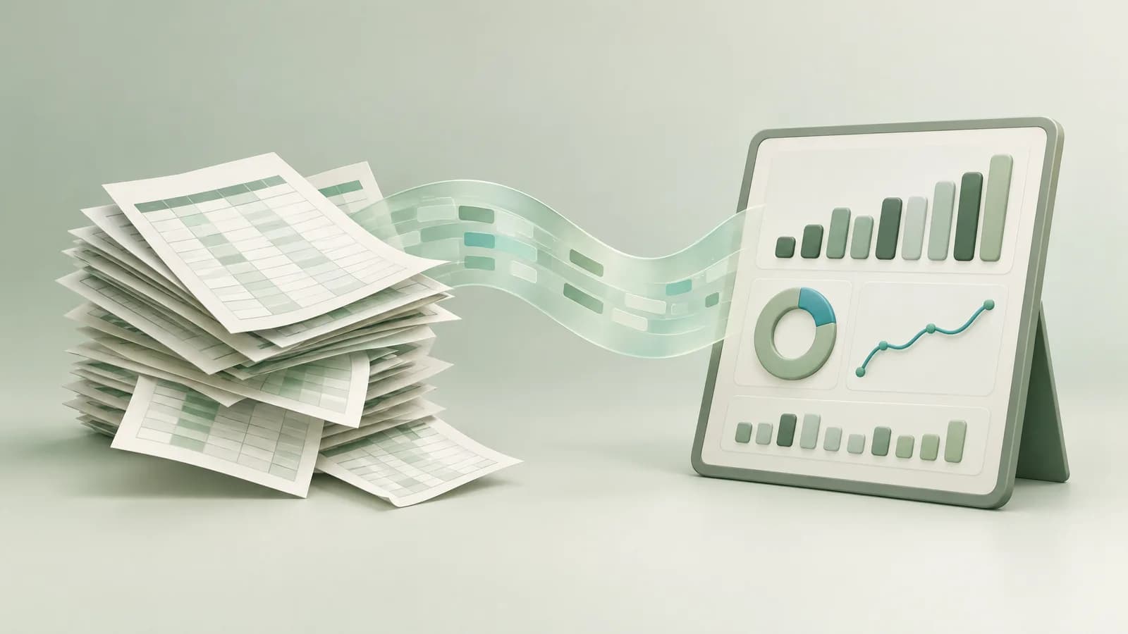 Illustration of loose spreadsheet sheets on the left feeding into a single tidy reporting panel with charts on the right.