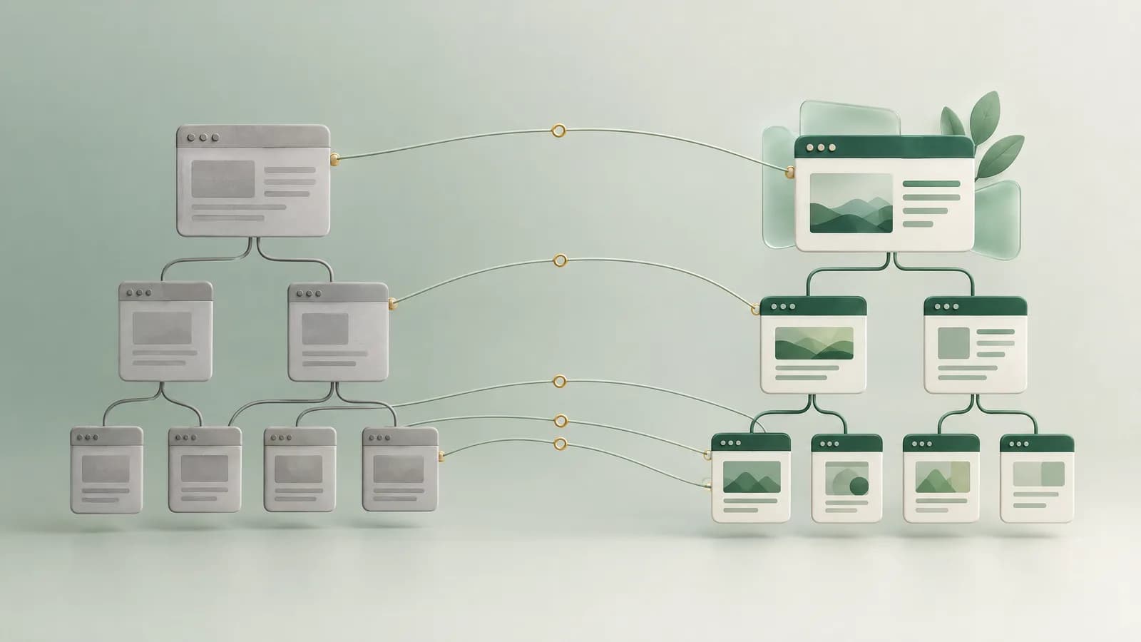 Illustration of an old site structure on the left connected to a new one on the right, each link passing through a small checkpoint.
