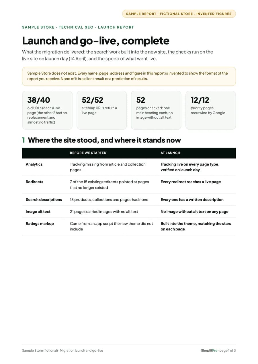 First page of the sample migration report for a fictional store: headline checks and a before and at-launch table.