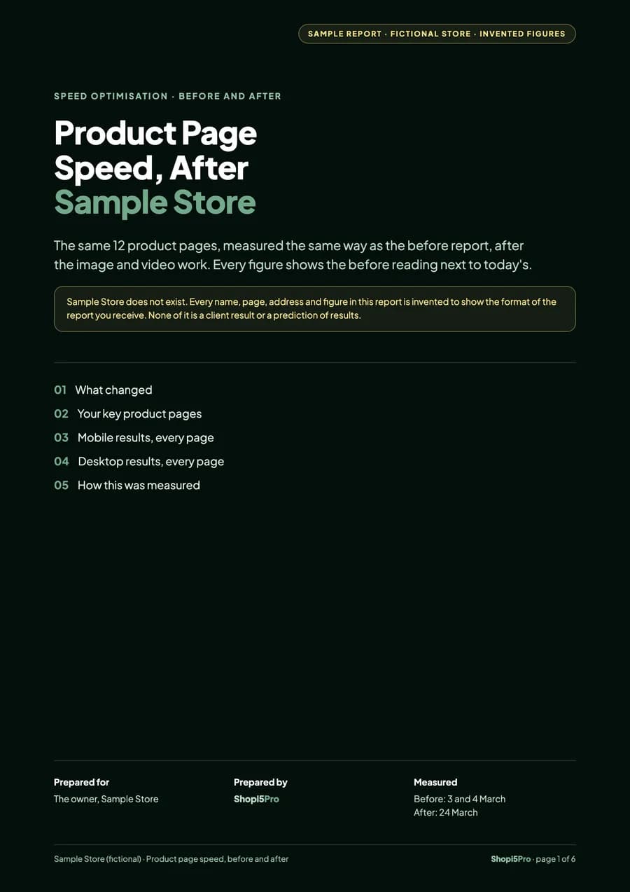 Cover of the sample speed report for a fictional store, with its contents.